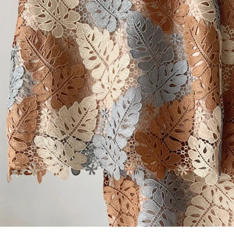 Brown Lace Midi Pencil Skirt Bi-material Zipper Long Floral Skirt