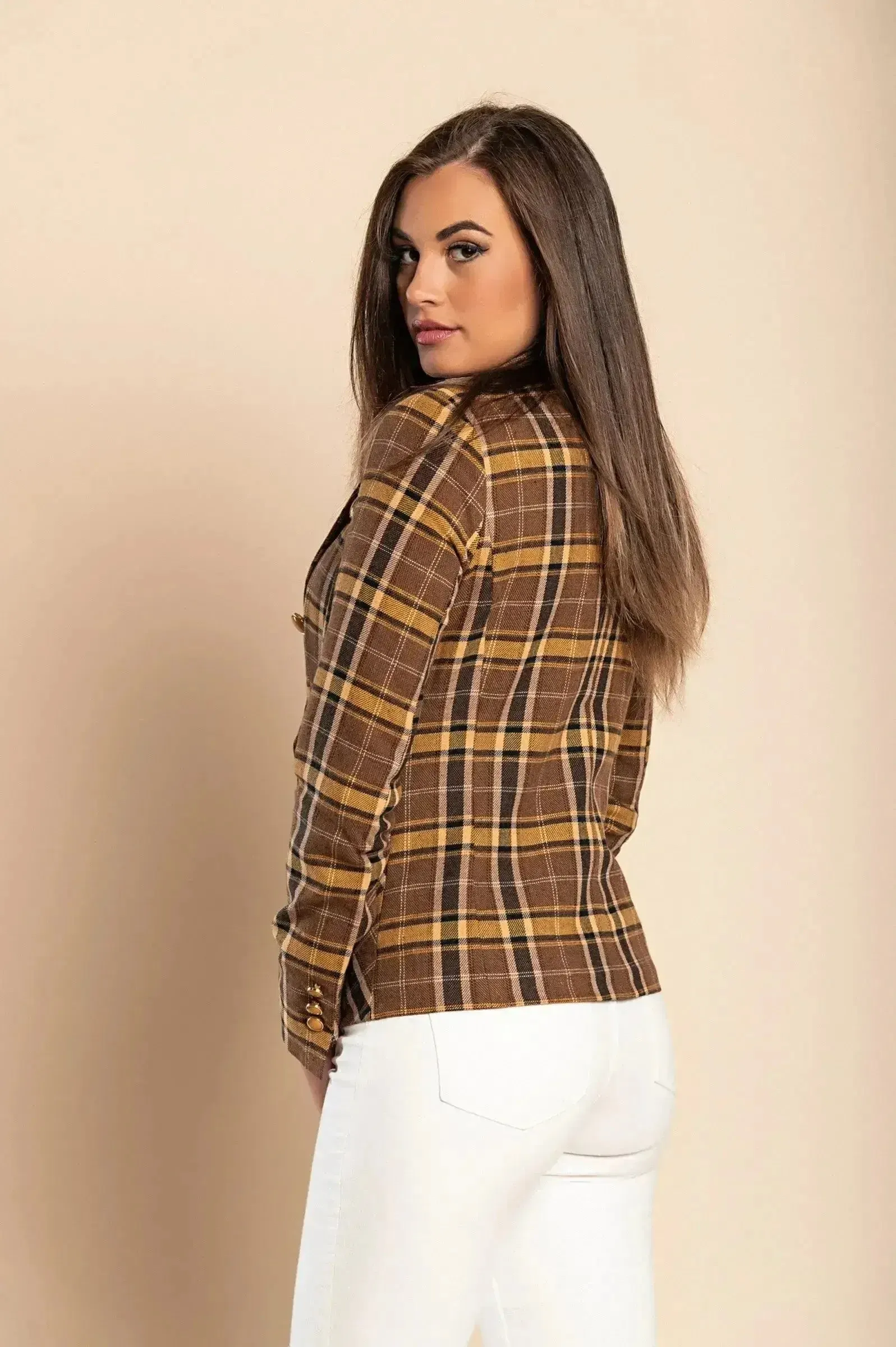 Brown Plaid Chiarana Blazer - Mustard Accents | Italian Made