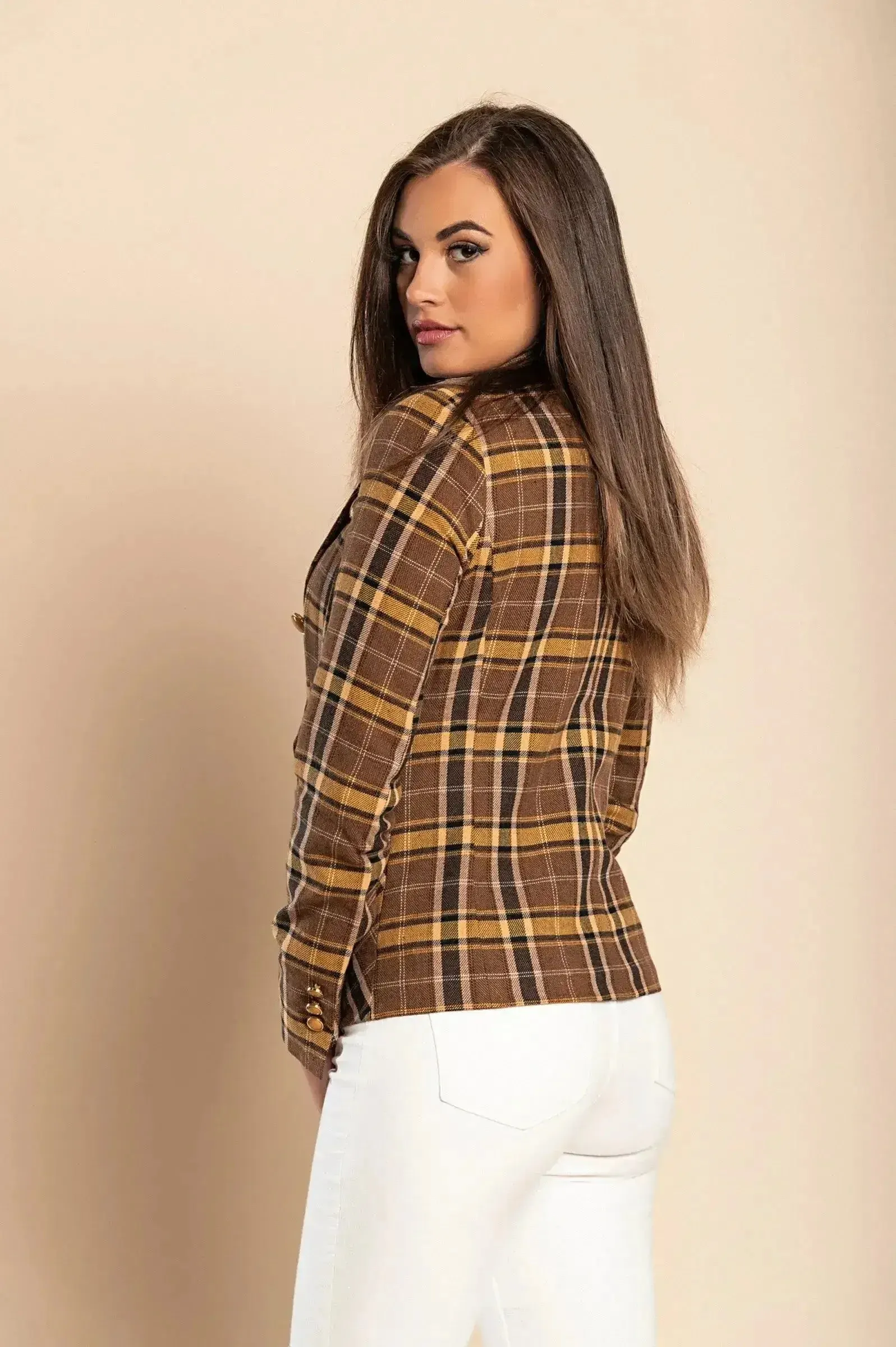 Brown Plaid Chiarana Blazer - Mustard Accents | Italian Made