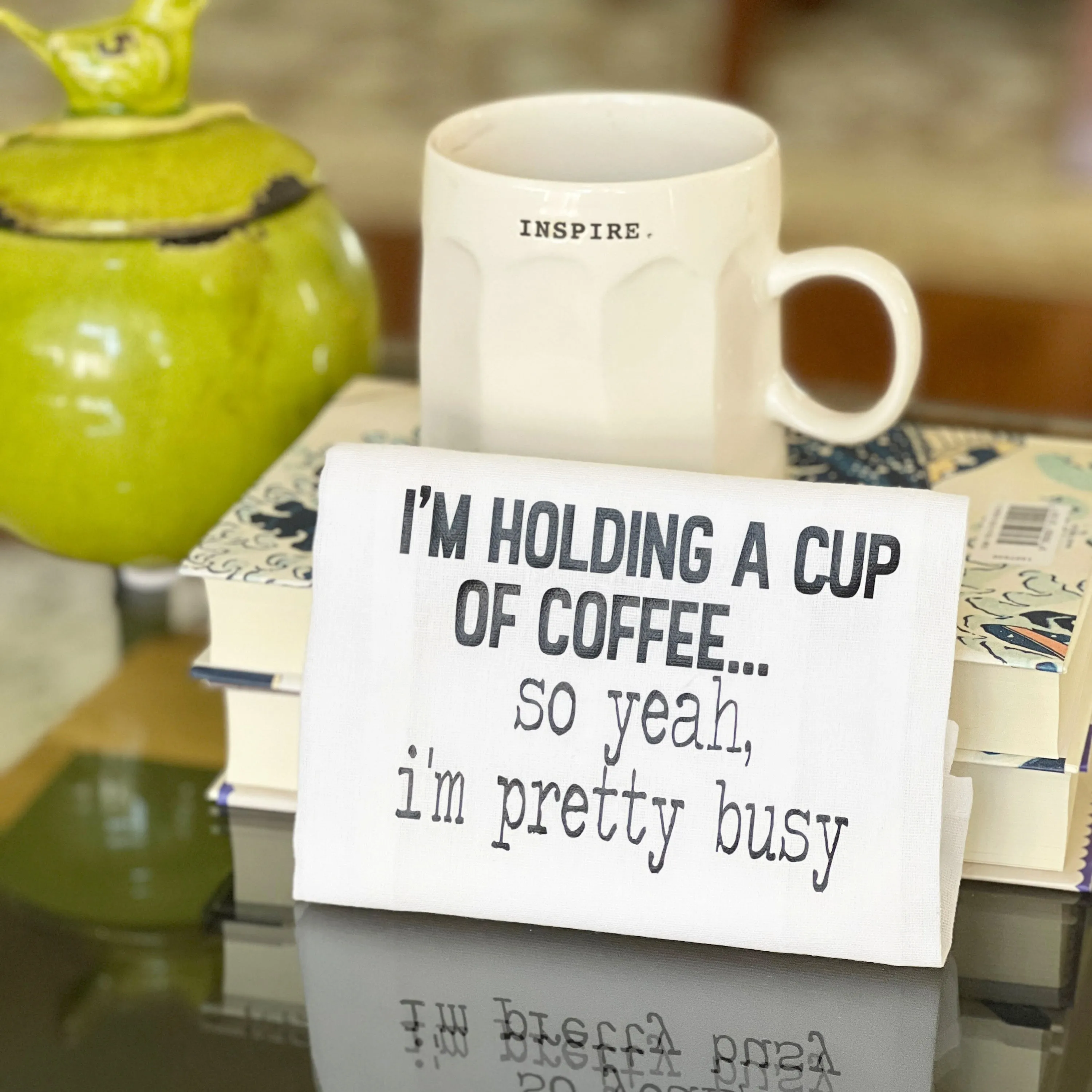 busy holding a cup of coffee - funny bar kitchen towel SM