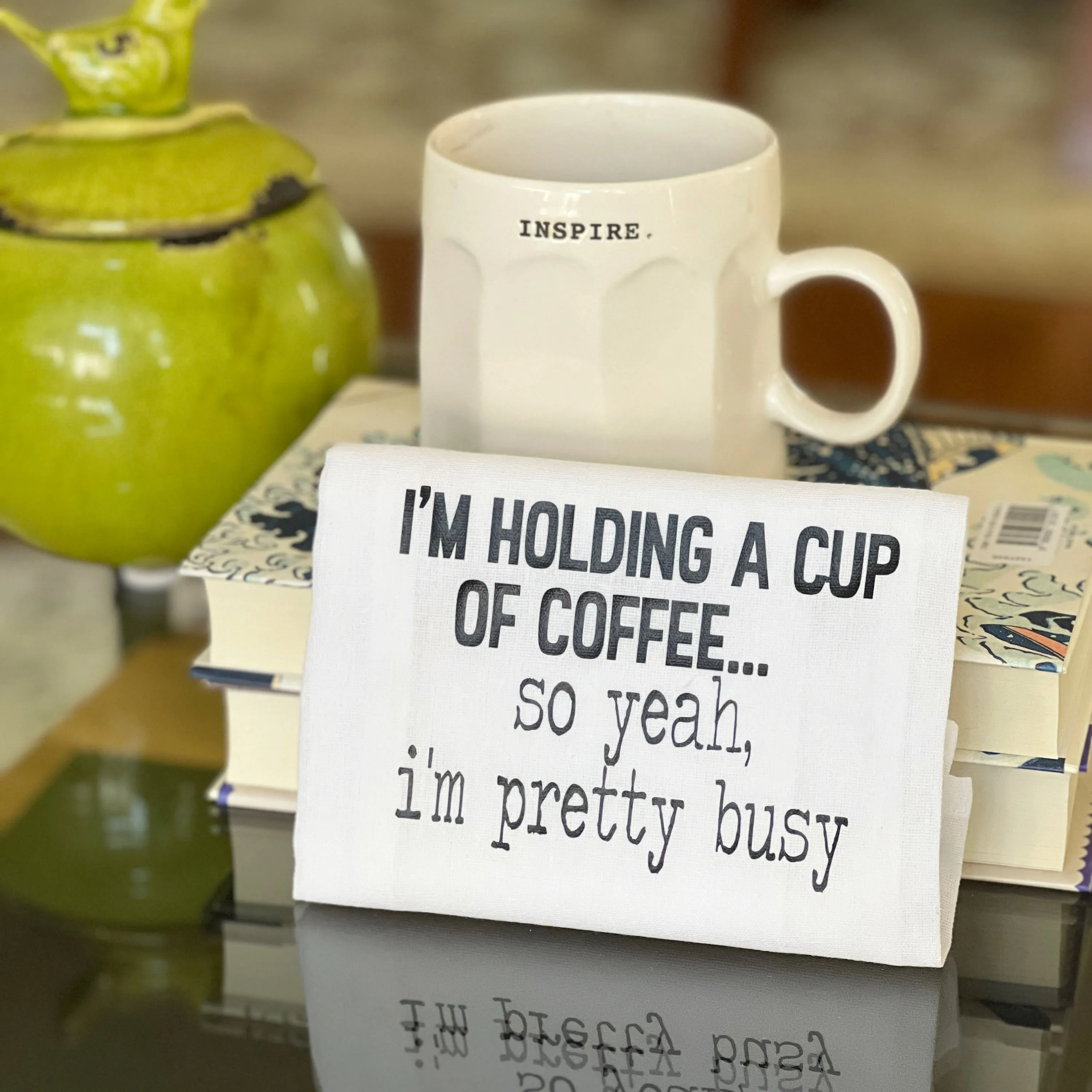 busy holding a cup of coffee - funny bar kitchen towel SM