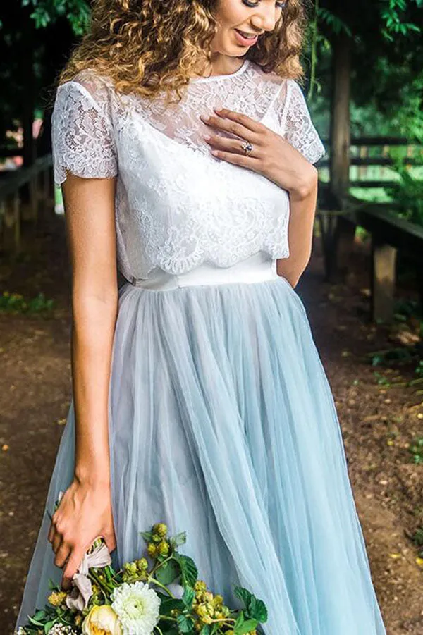 Casual Country Style Two Piece Lace Top Tulle Skirt Wedding Dresses, MW535