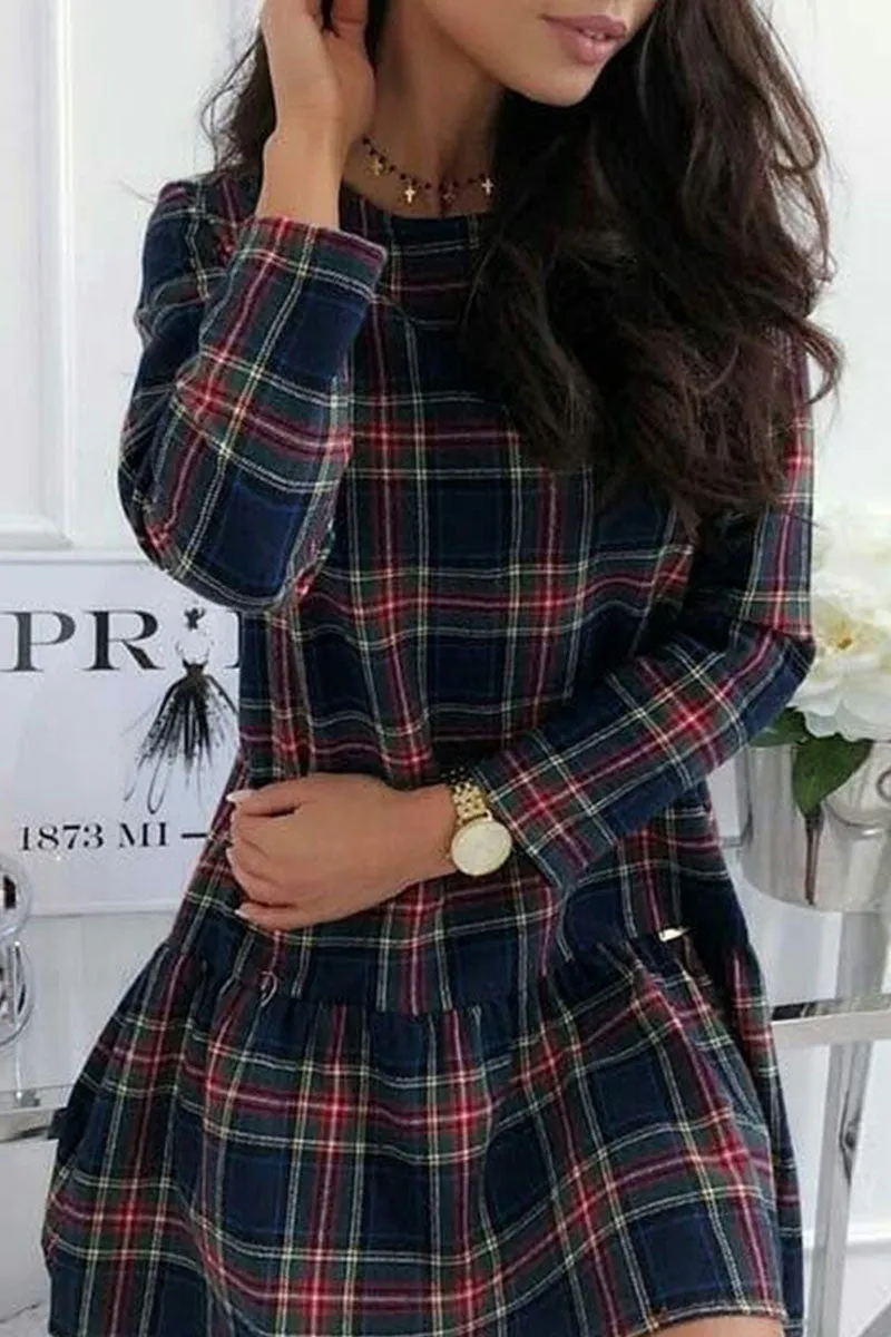 Casual Plaid Split Joint Mandarin Collar Princess Dresses