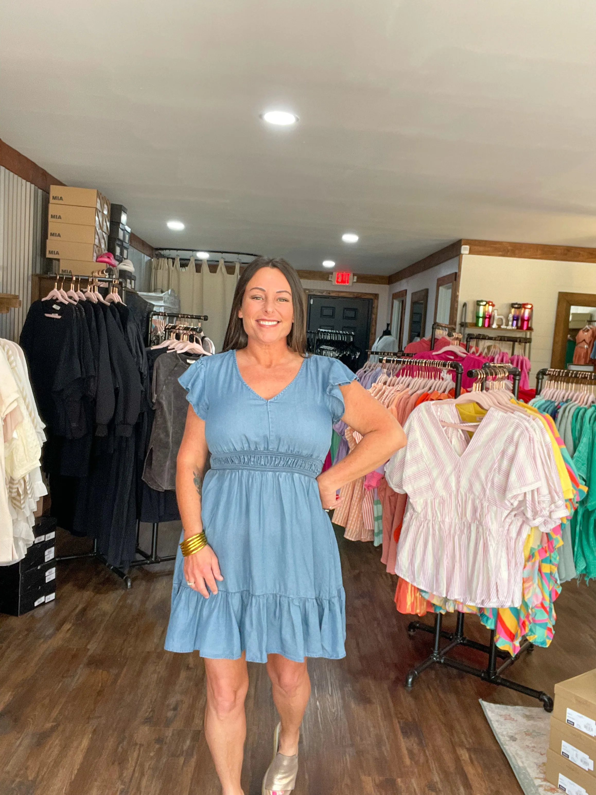 Chambray Flutter V-Neck Mini Dress