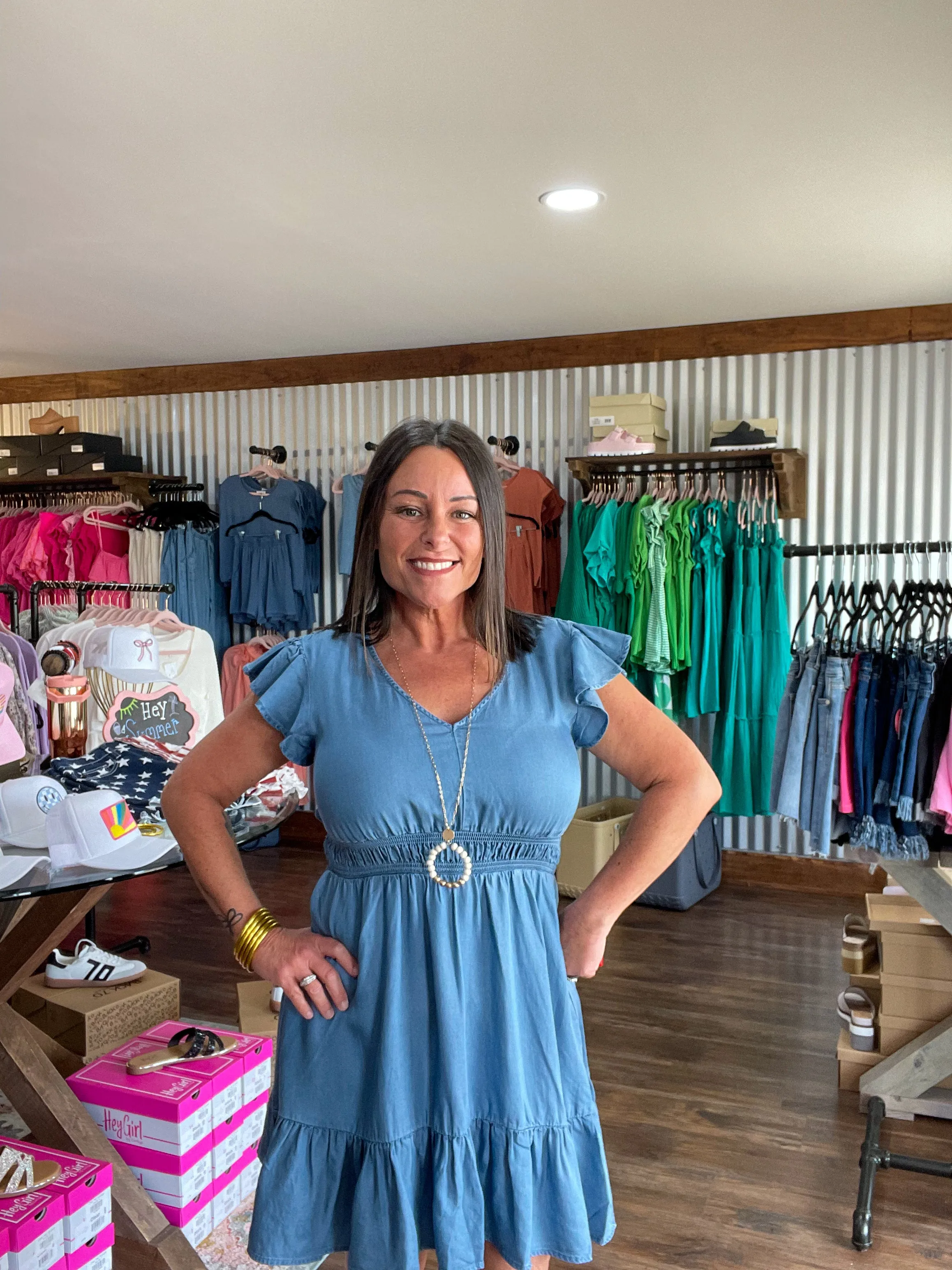 Chambray Flutter V-Neck Mini Dress
