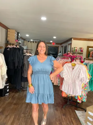 Chambray Flutter V-Neck Mini Dress