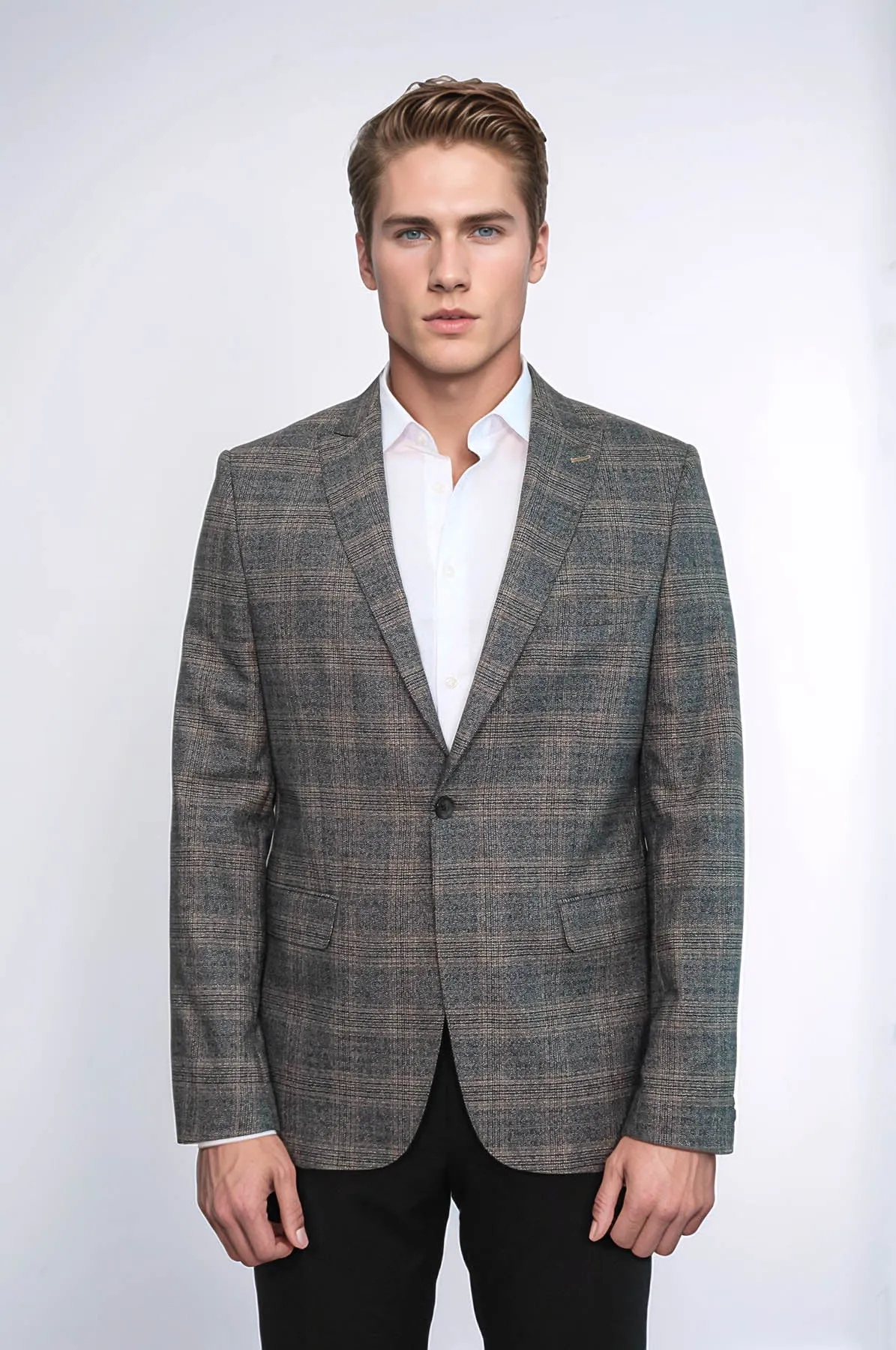 Checked Slim-Fit Dark Grey Men Blazer - Wessi