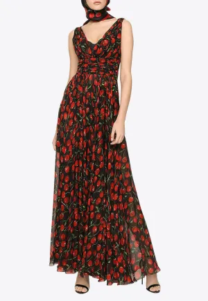 Cherry Print Maxi Chiffon Dress