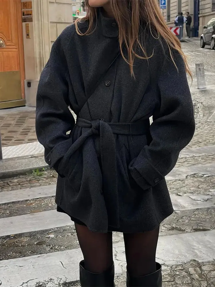 Chic Black Woolen Oversized Long Coat for Women
