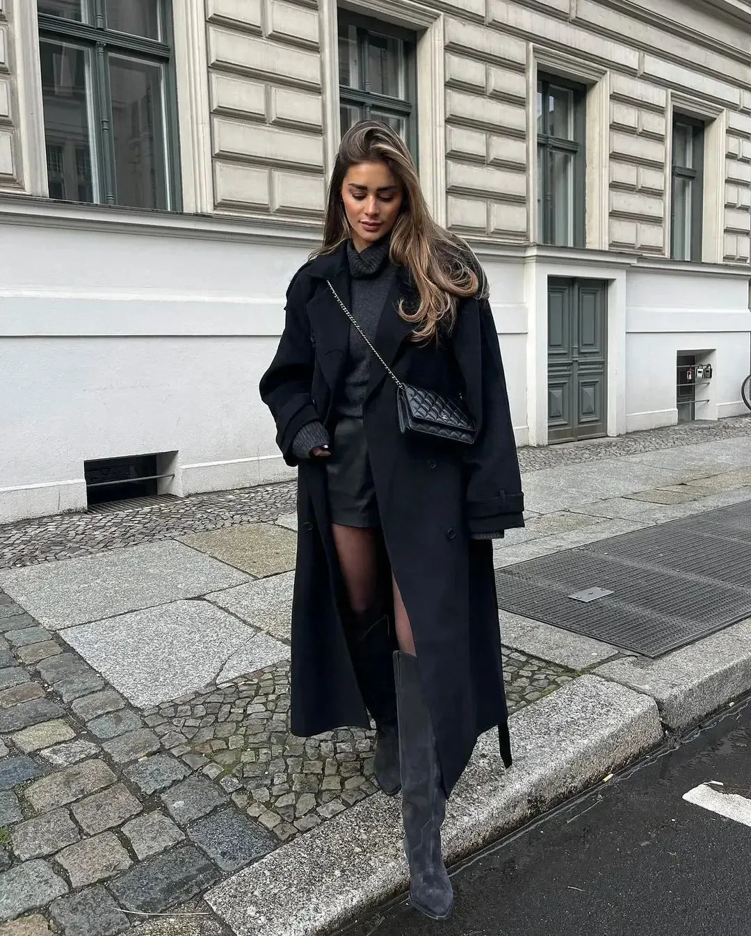 Chic Black Woolen Oversized Long Coat for Women