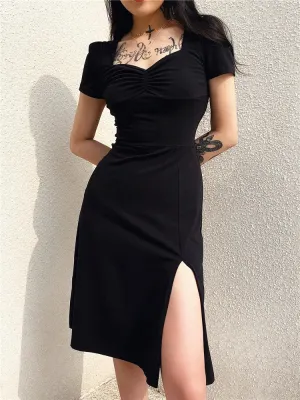 Chic Ruched Black Dress Square Neck Side Split Short Sleeve Casual Party Dress Vintage Gothic Summer Dress