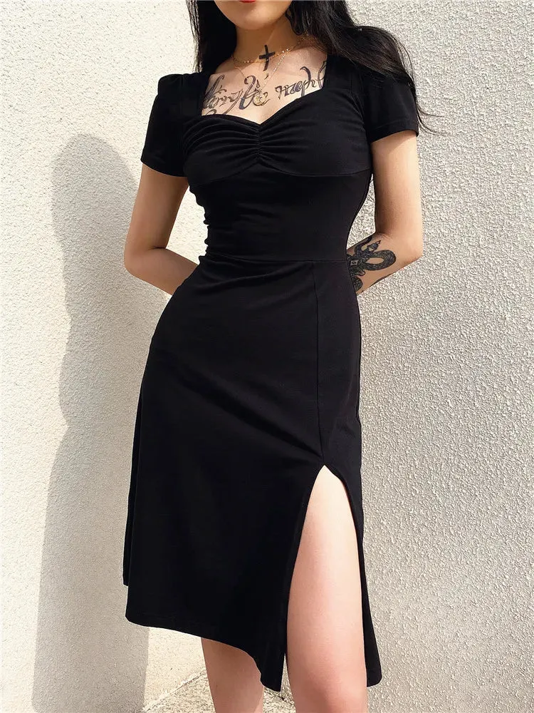 Chic Ruched Black Dress Square Neck Side Split Short Sleeve Casual Party Dress Vintage Gothic Summer Dress