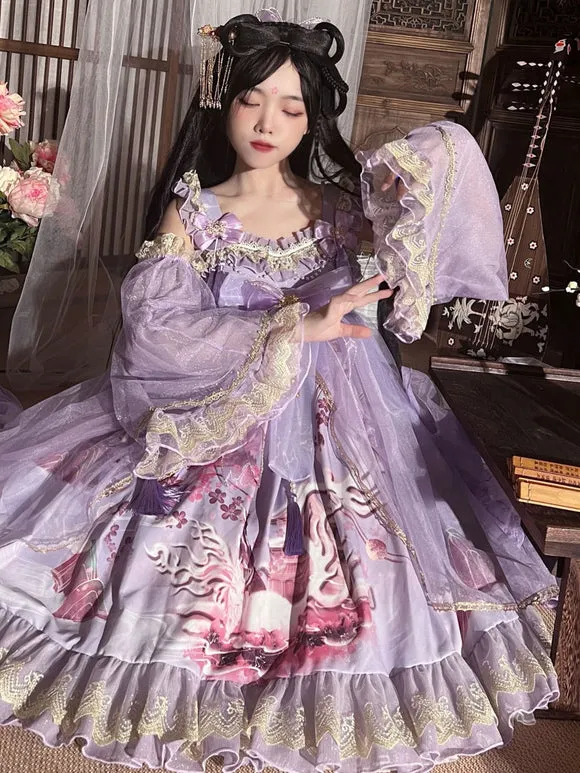 Chinese Style Lolita Dress Ruffles Sleeveless Polyester Chinese Style Floral Print Burgundy Chinese Style Lolita