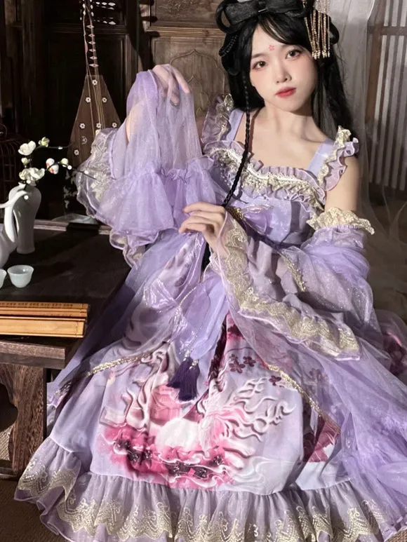 Chinese Style Lolita Dress Ruffles Sleeveless Polyester Chinese Style Floral Print Burgundy Chinese Style Lolita