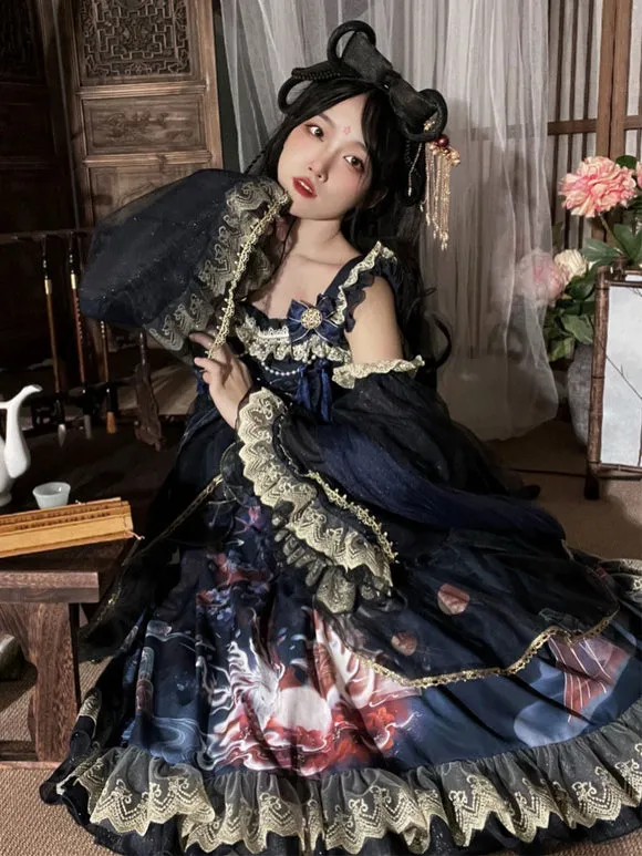 Chinese Style Lolita Dress Ruffles Sleeveless Polyester Chinese Style Floral Print Burgundy Chinese Style Lolita
