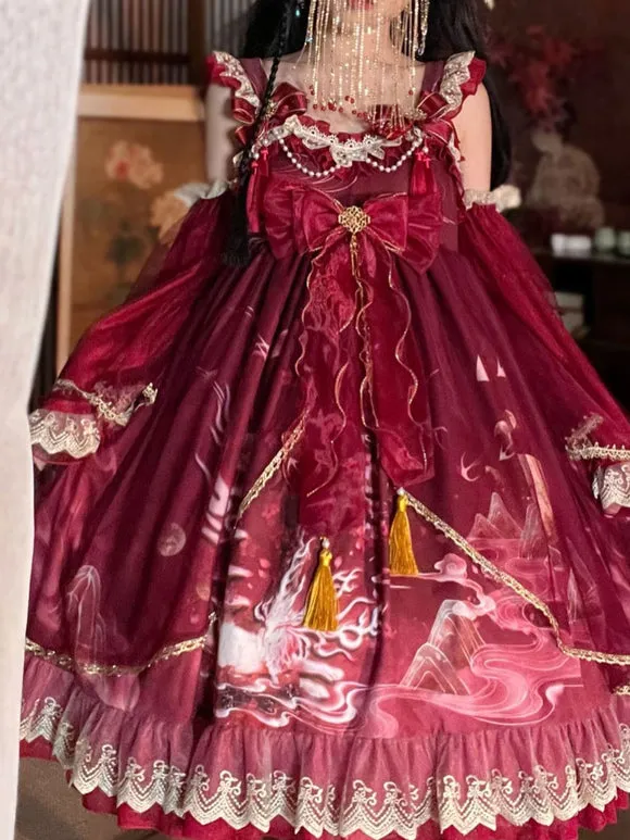 Chinese Style Lolita Dress Ruffles Sleeveless Polyester Chinese Style Floral Print Burgundy Chinese Style Lolita
