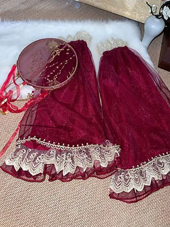 Chinese Style Lolita Dress Ruffles Sleeveless Polyester Chinese Style Floral Print Burgundy Chinese Style Lolita