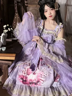 Chinese Style Lolita Dress Ruffles Sleeveless Polyester Chinese Style Floral Print Burgundy Chinese Style Lolita