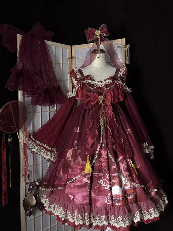 Chinese Style Lolita Dress Ruffles Sleeveless Polyester Chinese Style Floral Print Burgundy Chinese Style Lolita