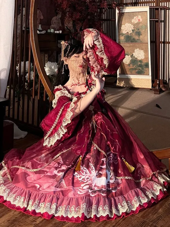 Chinese Style Lolita Dress Ruffles Sleeveless Polyester Chinese Style Floral Print Burgundy Chinese Style Lolita