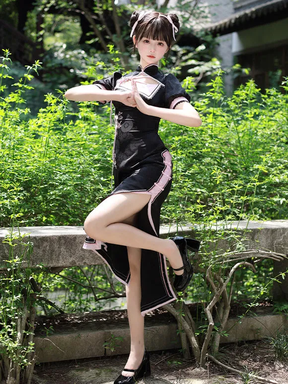 Chinese Style Lolita Dress Woven Short Sleeves Jacquard Chinese Style Animal Print Black Chinese Style Lolita