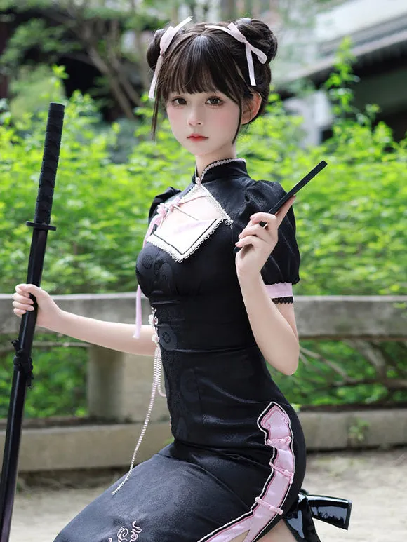 Chinese Style Lolita Dress Woven Short Sleeves Jacquard Chinese Style Animal Print Black Chinese Style Lolita