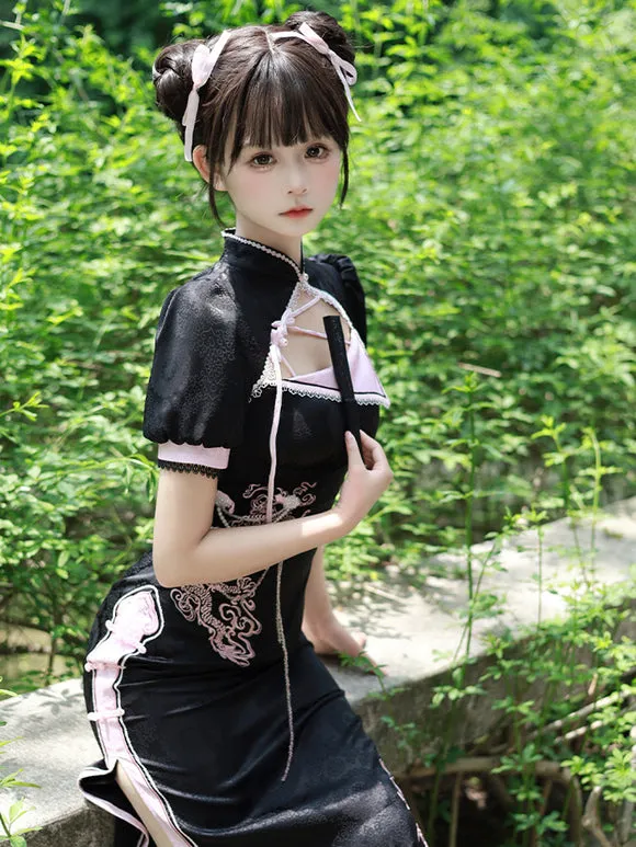 Chinese Style Lolita Dress Woven Short Sleeves Jacquard Chinese Style Animal Print Black Chinese Style Lolita