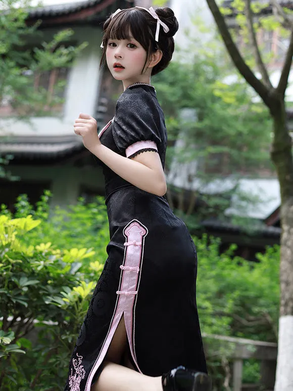 Chinese Style Lolita Dress Woven Short Sleeves Jacquard Chinese Style Animal Print Black Chinese Style Lolita