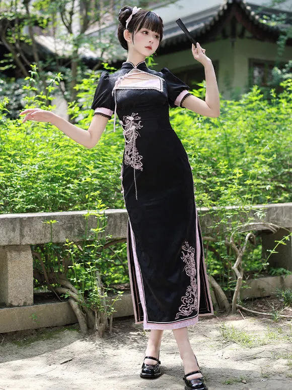 Chinese Style Lolita Dress Woven Short Sleeves Jacquard Chinese Style Animal Print Black Chinese Style Lolita