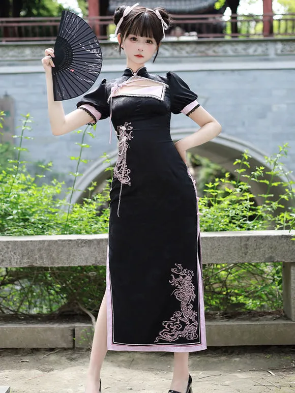 Chinese Style Lolita Dress Woven Short Sleeves Jacquard Chinese Style Animal Print Black Chinese Style Lolita