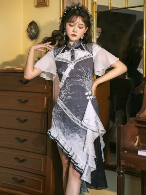 Chinese Style Lolita Gray Short Sleeves Ruffles Polyester Lolita One Piece Dress