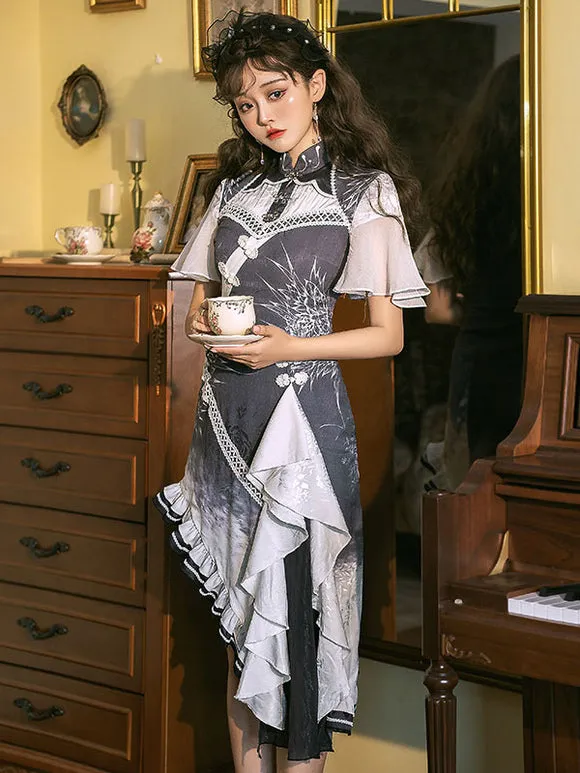 Chinese Style Lolita Gray Short Sleeves Ruffles Polyester Lolita One Piece Dress