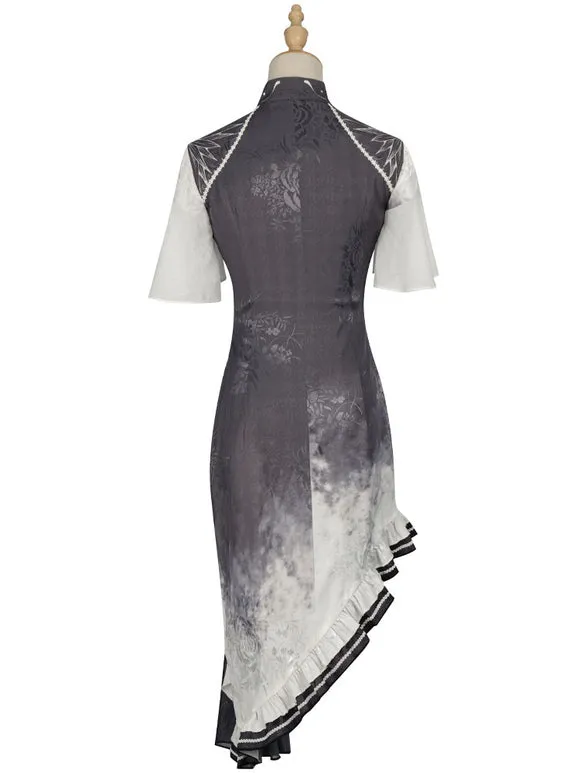 Chinese Style Lolita Gray Short Sleeves Ruffles Polyester Lolita One Piece Dress