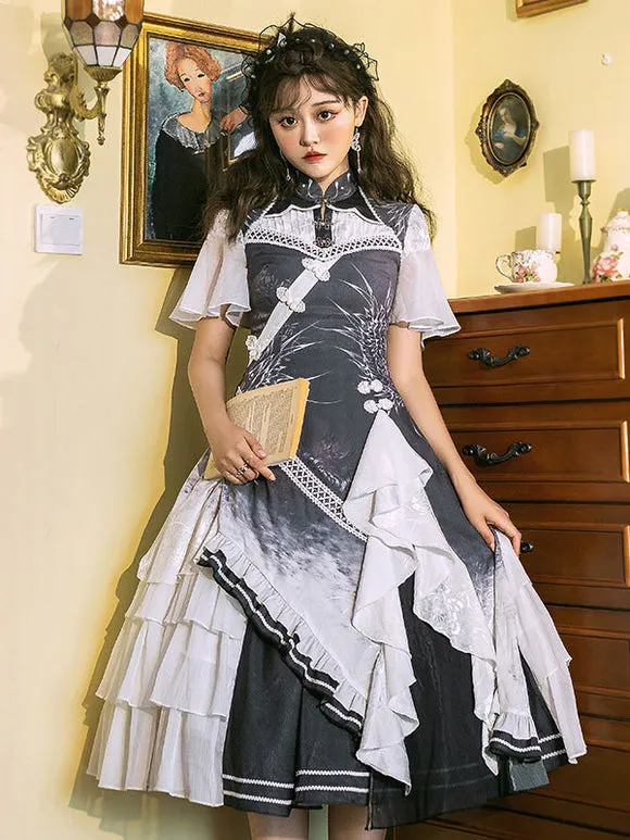 Chinese Style Lolita Gray Short Sleeves Ruffles Polyester Lolita One Piece Dress