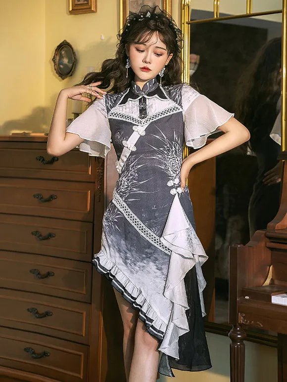 Chinese Style Lolita Gray Short Sleeves Ruffles Polyester Lolita One Piece Dress