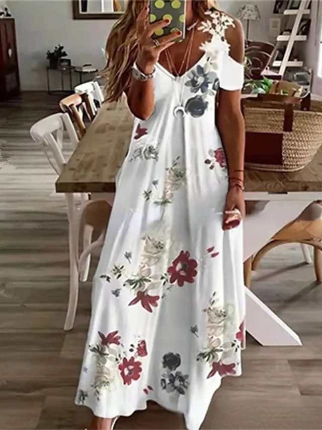 CityHottie - Women's Long Dress Maxi Dress Casual Dress A Line Dress Floral Dress Floral Print Ombre Fashion Casual Outdoor Daily Holiday Cut Out Print Short Sleeve V Neck Dress Regular Fit Light Yellow Black