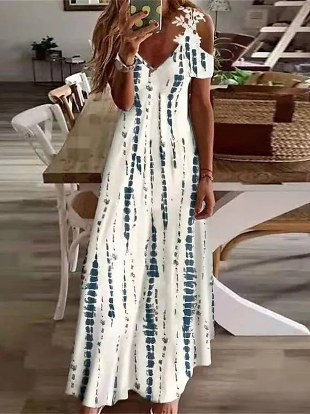 CityHottie - Women's Long Dress Maxi Dress Casual Dress A Line Dress Floral Dress Floral Print Ombre Fashion Casual Outdoor Daily Holiday Cut Out Print Short Sleeve V Neck Dress Regular Fit Light Yellow Black
