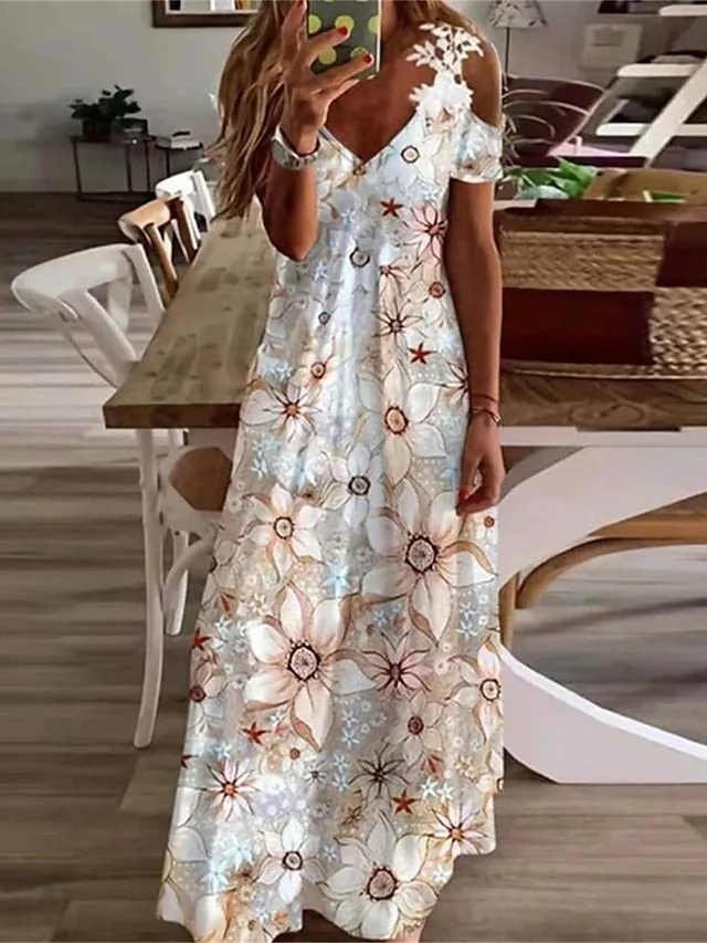 CityHottie - Women's Long Dress Maxi Dress Casual Dress A Line Dress Floral Dress Floral Print Ombre Fashion Casual Outdoor Daily Holiday Cut Out Print Short Sleeve V Neck Dress Regular Fit Light Yellow Black