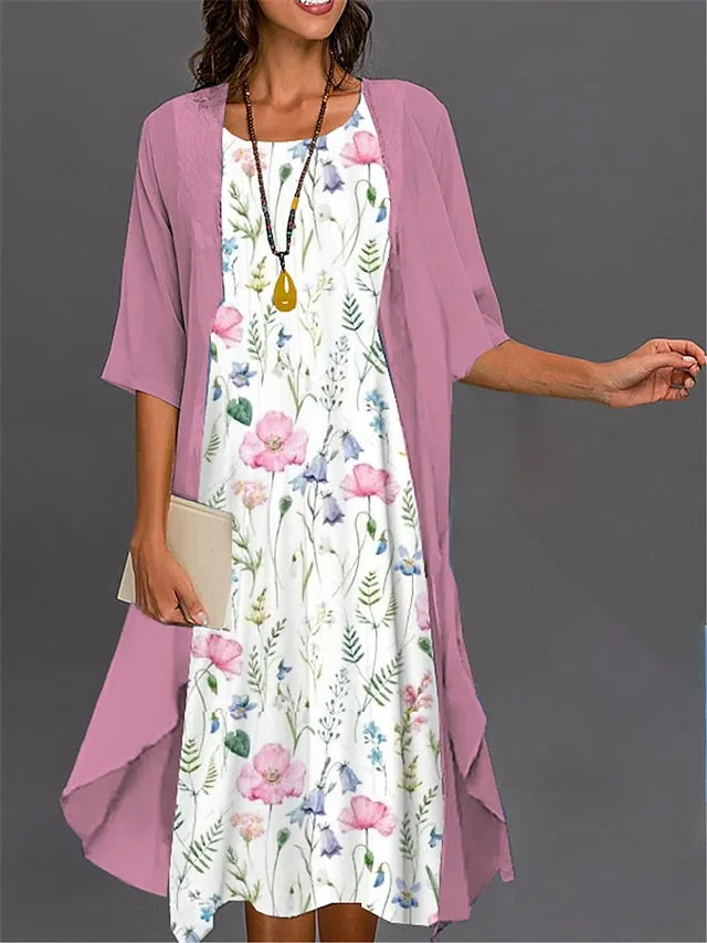CityHottie - Women's Two Piece Dress Set Casual Dress Print Dress Outdoor Daily Fashion Elegant Print Midi Dress Crew Neck 3/4 Length Sleeve Floral Ombre Loose Fit Pink Dark Pink Blue Summer Spring S M L XL XXL