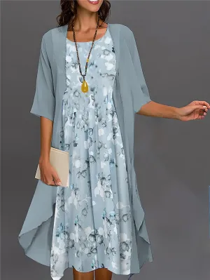 CityHottie - Women's Two Piece Dress Set Casual Dress Print Dress Outdoor Daily Fashion Elegant Print Midi Dress Crew Neck 3/4 Length Sleeve Floral Ombre Loose Fit Pink Dark Pink Blue Summer Spring S M L XL XXL