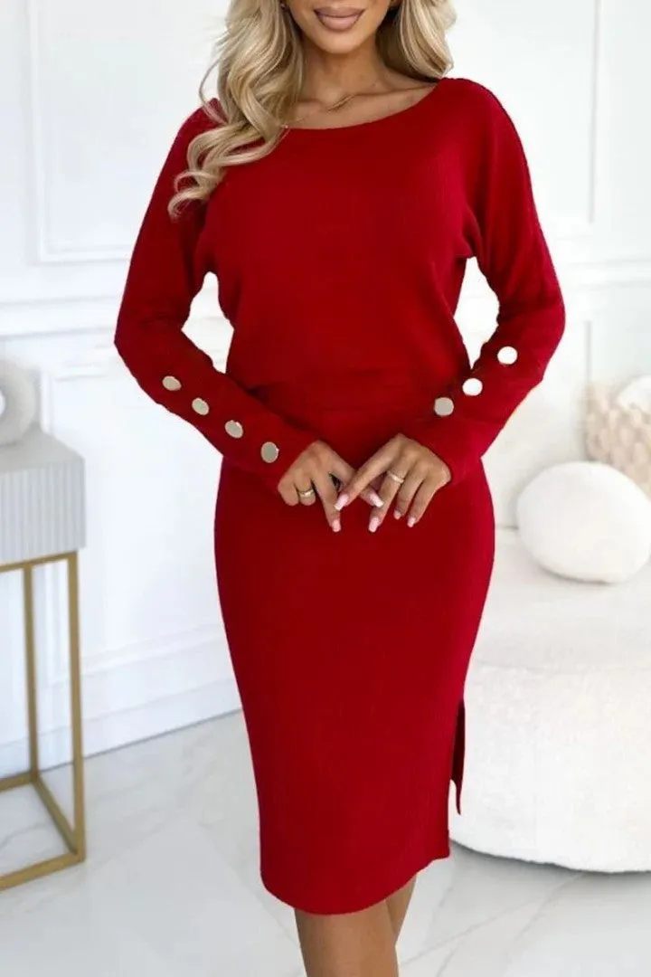 Classic Ribbed Buttoned Round Neck Top and Pencil Skirt Two-Piece Set