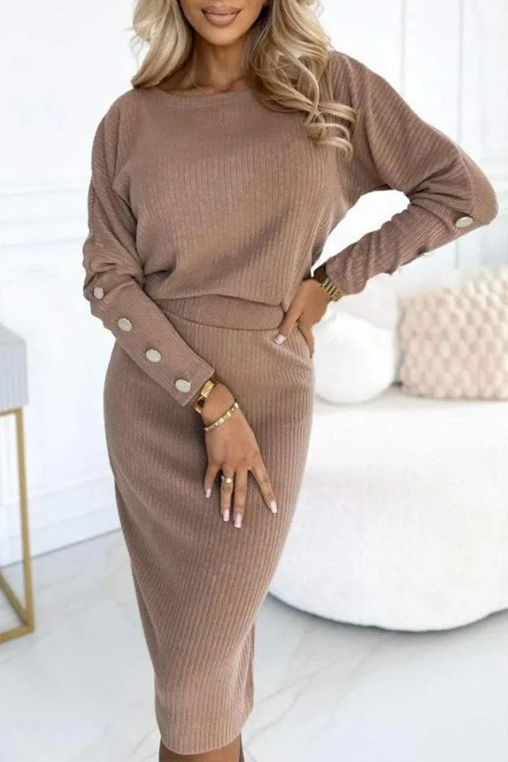 Classic Ribbed Buttoned Round Neck Top and Pencil Skirt Two-Piece Set
