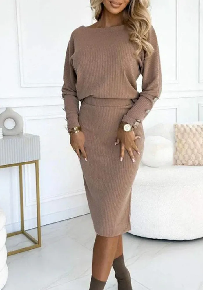 Classic Ribbed Buttoned Round Neck Top and Pencil Skirt Two-Piece Set