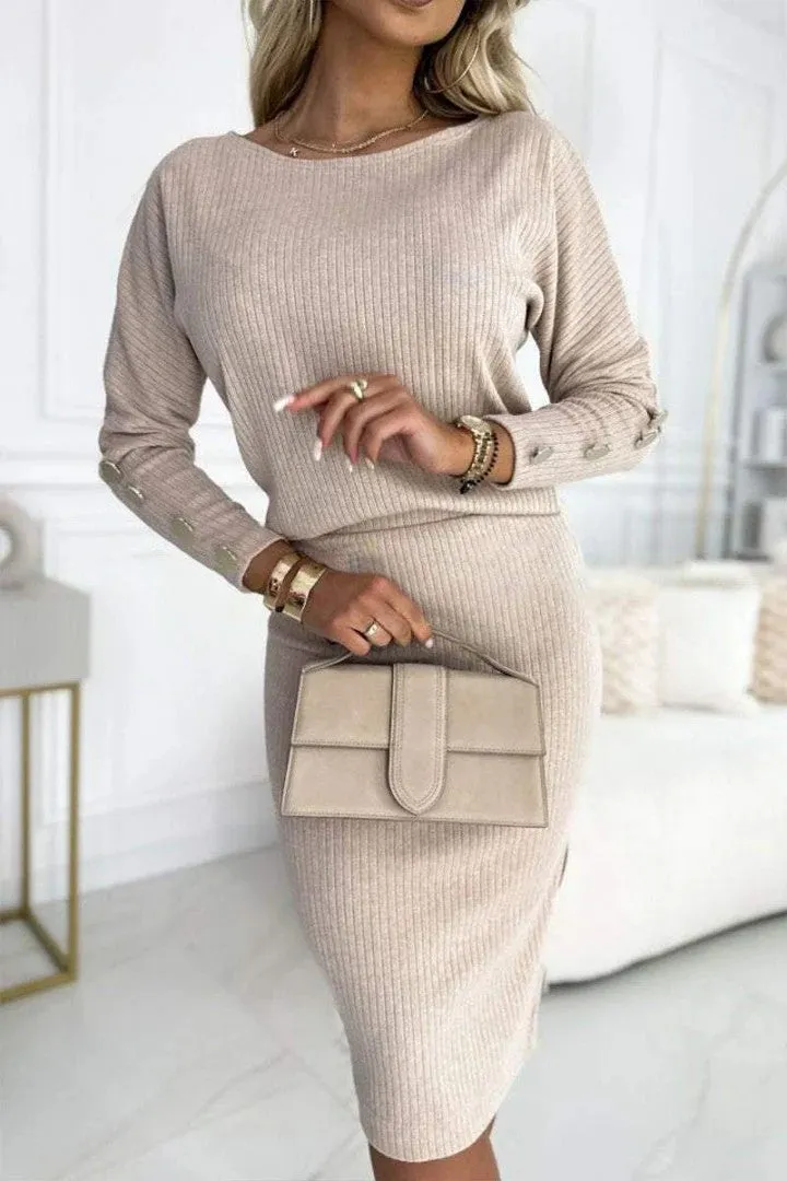 Classic Ribbed Buttoned Round Neck Top and Pencil Skirt Two-Piece Set