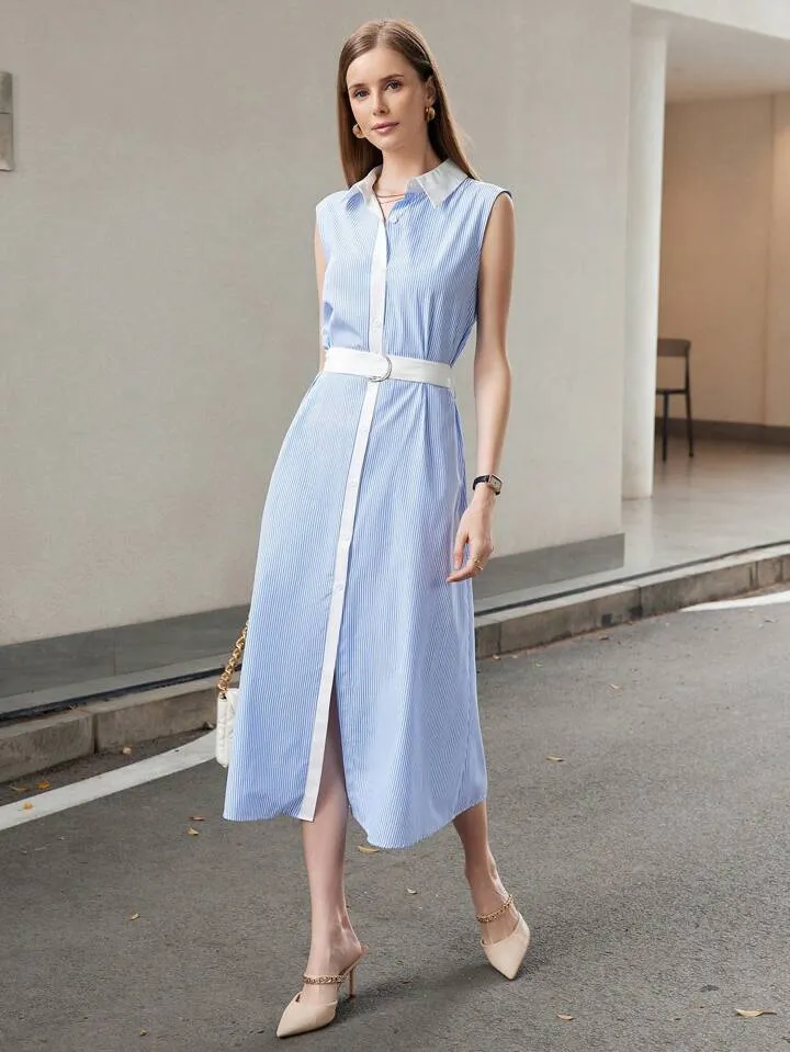 CM-DS018307 Women Casual Seoul Style Solid Color Shirt Collar Striped Sleeveless Dress