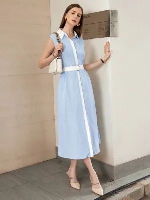 CM-DS018307 Women Casual Seoul Style Solid Color Shirt Collar Striped Sleeveless Dress