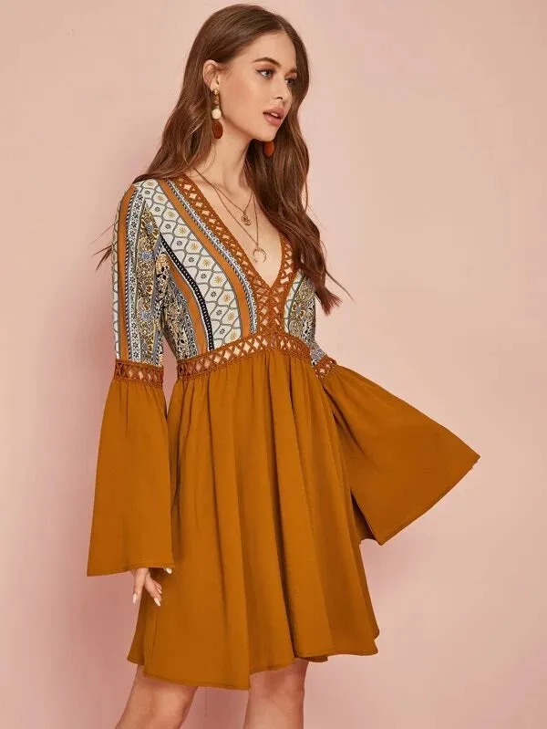 CM-DS025068 Women Trendy Seoul Style Plunge Neck Guipure Lace Insert Tribal Print Dress - Camel