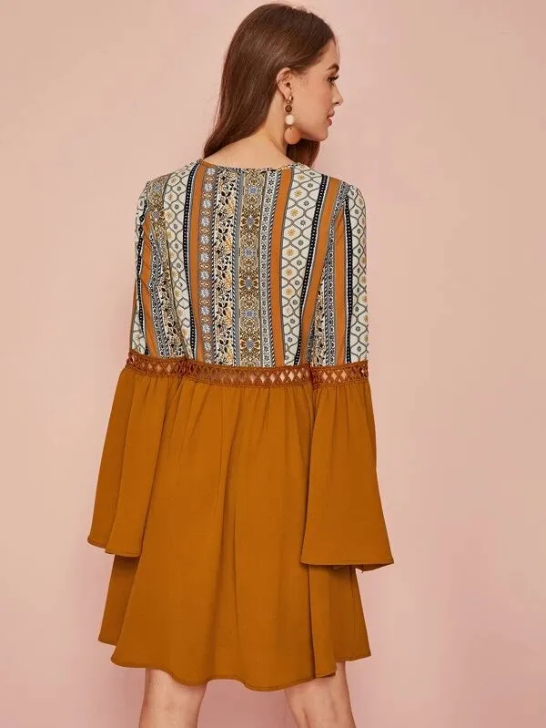 CM-DS025068 Women Trendy Seoul Style Plunge Neck Guipure Lace Insert Tribal Print Dress - Camel