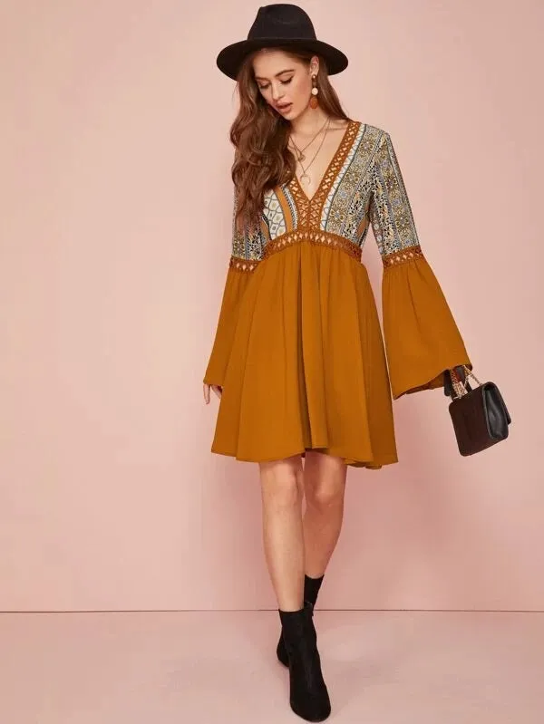 CM-DS025068 Women Trendy Seoul Style Plunge Neck Guipure Lace Insert Tribal Print Dress - Camel