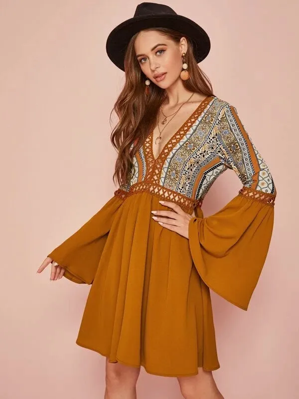 CM-DS025068 Women Trendy Seoul Style Plunge Neck Guipure Lace Insert Tribal Print Dress - Camel